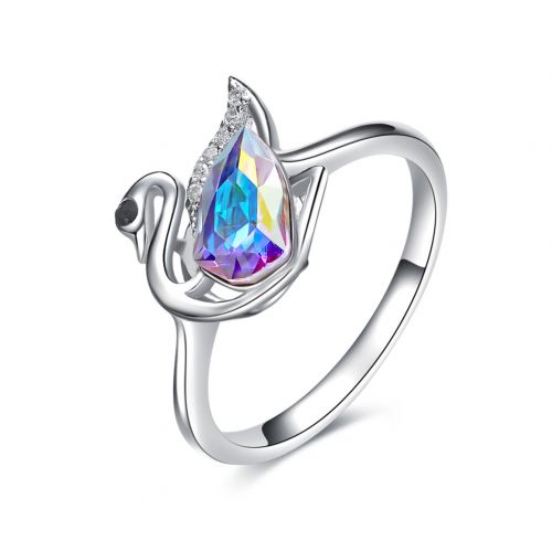 Anillo de plata con cisne de cristal transparente